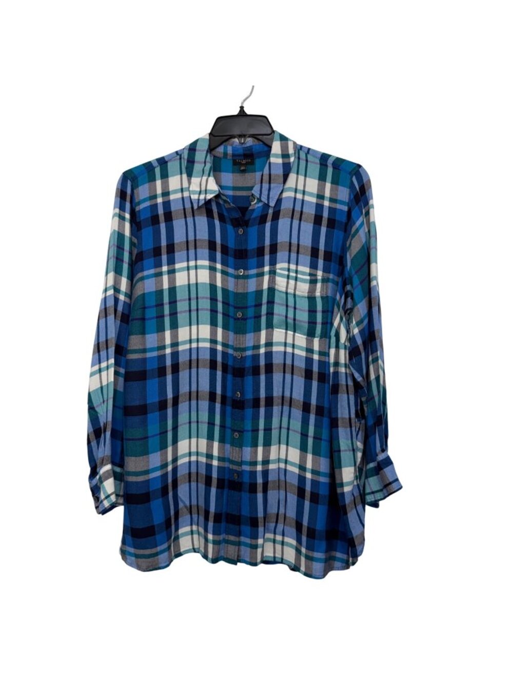 Talbots Woman Blue Green Plaid Button-Up 100% Rayon Shirt Plus Size 2X Slit Back